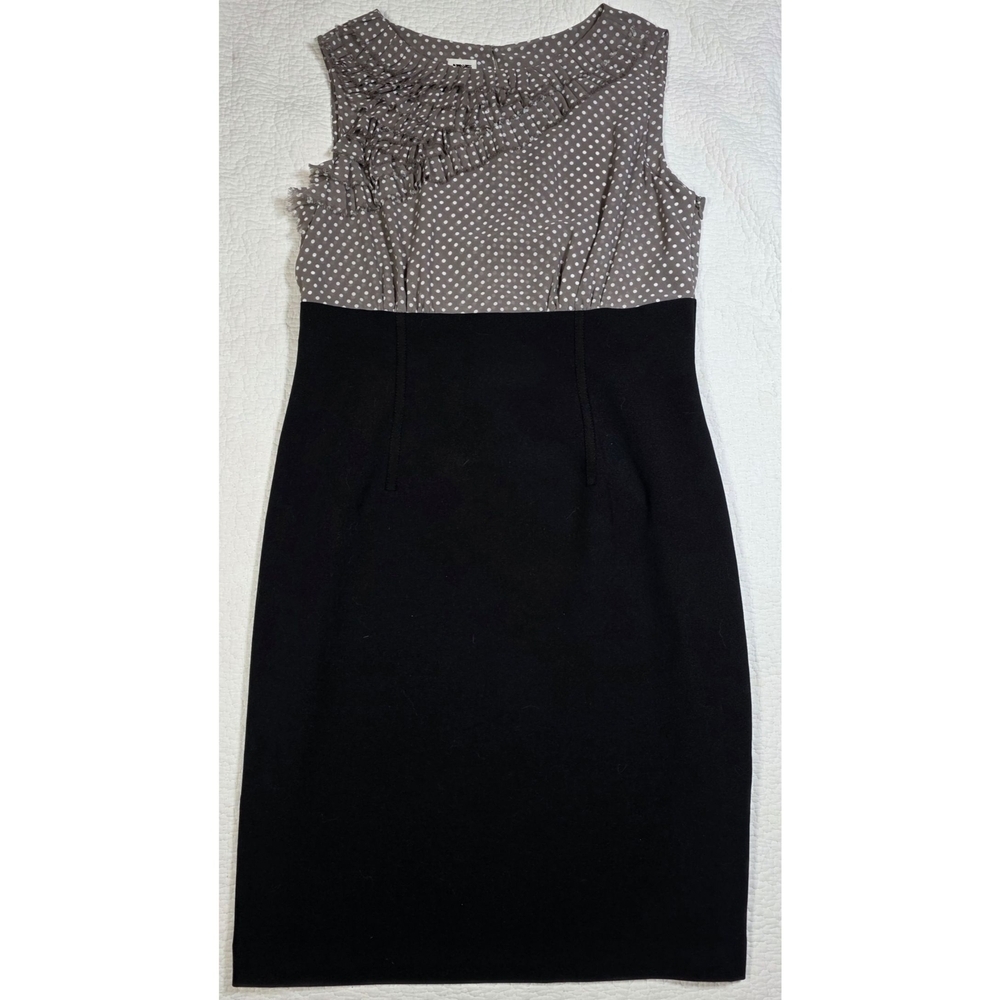 Anne Klein Taupe Polka Dot & Black Ruffle Sleeveless Sheath Dress Size 10